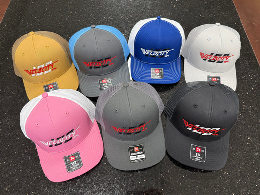 Velocity 100 Red hat with snap back. Trucker-style hat.